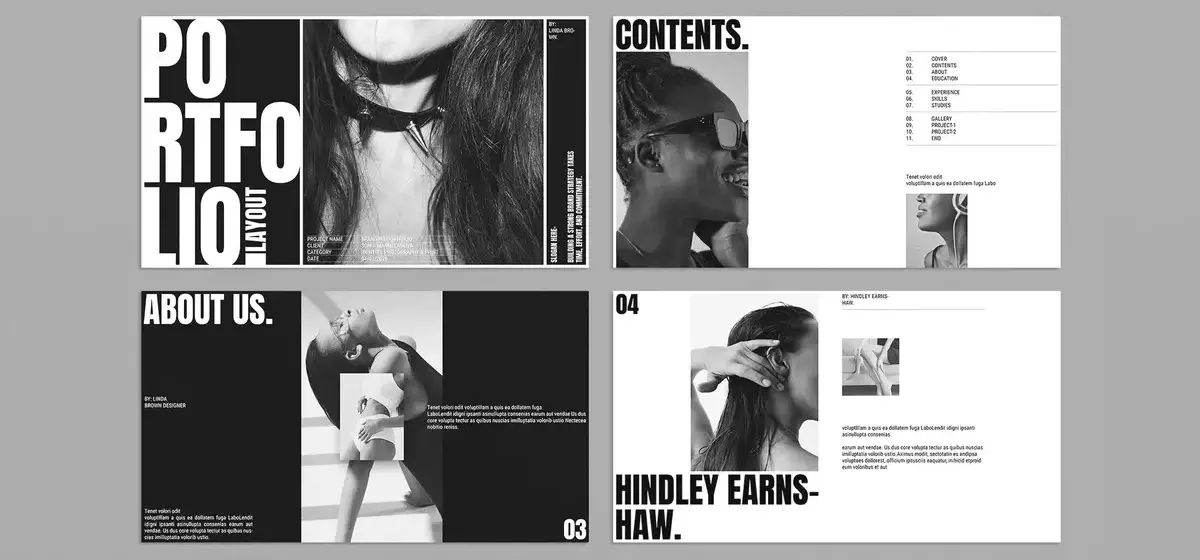 Minimalistisches Portfolio: E-Types InDesign-Vorlage in Schwarz-Weiß