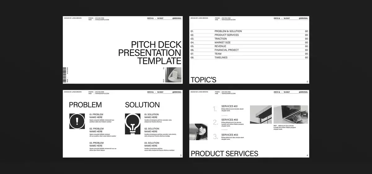 Minimalistische InDesign Pitch-Deck-Vorlage in Schwarz-Weiß